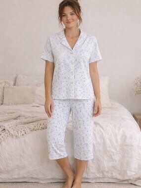 Eileen West Floral Pajama Set XL Blue White Cotton Sleepwear Cottagecore